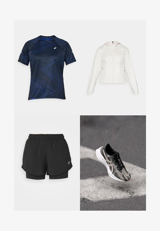 Witte lichtgewicht jas met een ritssluiting aan de voorkant, capuchon en elastische manchetten. Beschikt over ritszakken aan de zijkanten en een logo op de linkerborst.; Korte mouw sportshirt in zwart met een blauw geometrisch patroon. Gemaakt van ademend materiaal, met een ronde hals en platte naden.; Zwarte sportshorts met een elastische tailleband, voorzien van een gelaagd ontwerp en een binnenvoering. De stof lijkt lichtgewicht en soepel te zijn.; Zwarte en grijze hardloopschoen met een gestructureerde bovenkant, voorzien van een vetersluiting en een witte zool. Accenten met reflecterende details.
