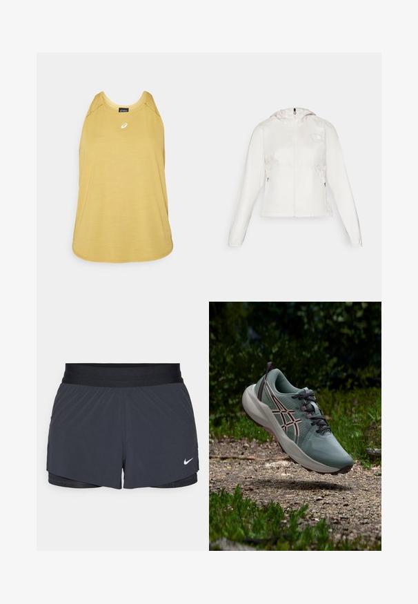 Weiße, leichte Jacke mit Reißverschluss vorne, Kapuze und elastischen Bündchen. Mit seitlichen Reißverschlusstaschen und einem Logo auf der linken Brust.; Hellgelbes, ärmelloses Sporttop aus glattem Stoff. Es hat einen runden Halsausschnitt und ein kleines weißes Logo auf der Vorderseite.; Schwarze Sportshorts mit elastischem Bund, ausgestattet mit einem geschichteten Design und einem kleinen weißen Nike-Logo unten links. Leichtes Material.; Grüner und beiger Laufschuh mit schwarzen Schnürsenkeln, schwebend über einem Erdweg, umgeben von Gras und Laub.