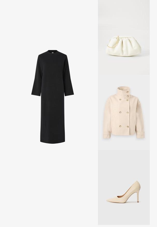 Doppelreihige Jacke aus cremefarbenem Wollstoff mit Stehkragen, sechs Knöpfen, zwei Seitentaschen und verstellbaren Manschettenschlaufen.; Schwarzes Langarmkleid mit hohem Kragen, aus einem glatten, strukturierten Stoff gefertigt. Hat einen geraden Schnitt und fällt unter das Knie.; Beige Leder-Pumps mit hohen Absätzen, spitz zulaufend und mit einer seitlichen Aussparung, ausgestattet mit einem schlanken Stiletto-Absatz für zusätzliche Unterstützung.; Weiße Lederhandtasche mit einem gerafften Design, ausgestattet mit einem goldenen Kettenriemen und einer runden Form. Glatte Textur mit sanften Falten und ohne Muster.