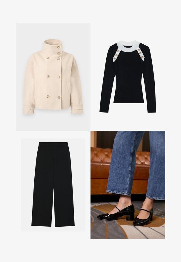 Chaqueta cruzada de lana color crema con cuello de pie, seis botones, dos bolsillos laterales y correas ajustables en los puños.; Top negro de manga larga con textura acanalada, que presenta un cuello blanco y acentos de botones dorados en los hombros. Textura suave, diseño ajustado.; Pantalones negros de pierna ancha hechos de una tela suave. Presentan una cintura plana con pasadores de cinturón y sin bolsillos visibles. Diseño sencillo.; Zapatos de charol negros con punta afilada, tacón cuadrado y correa en el tobillo, llevados con jeans de pierna ancha, sobre una alfombra estampada.