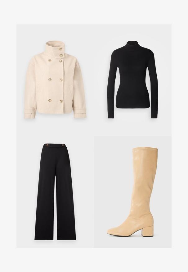 Flødefarvet uld dobbeltbrystet jakke med stående krave, seks knapper, to sidelommer og justerbare manchetstropper.; Sort turtleneck sweater lavet af let strikket stof. Har lange ærmer, et tætsiddende design og en blød ribbet tekstur.; Sorte bukser med vide ben og høj talje, der har to brune knapper og et glat, tekstureret stof. Ingen mønstre eller yderligere accenter.; Anna Field Høje støvler/ Støvler - beige