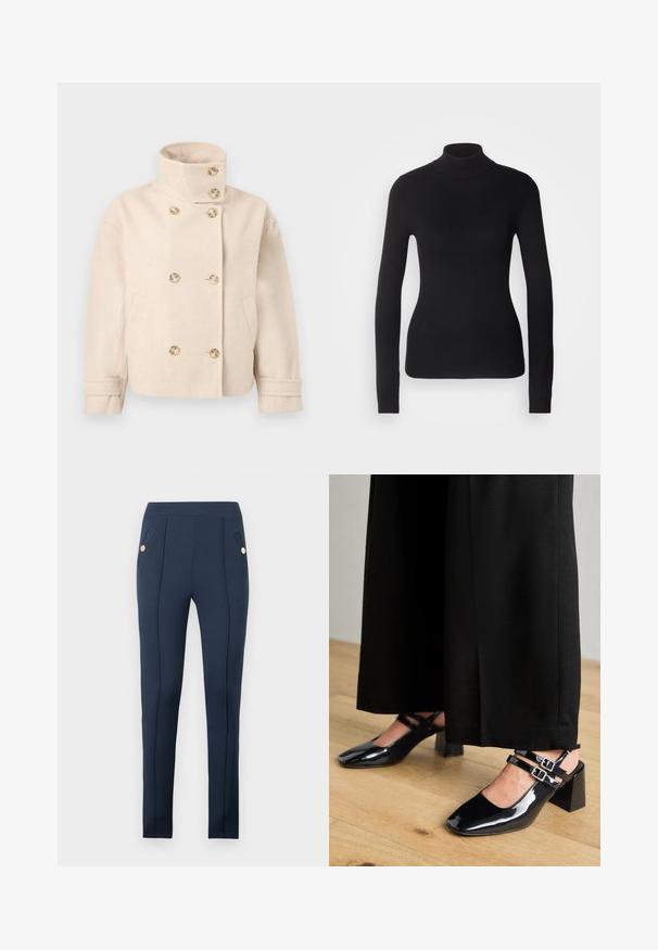 Kreemivärvi villast kahekordse nööbitava esiküljega jakk püstkraega, kuue nupu, kahe küljetasku ja reguleeritavate varrukapaeltega.; Mustem turtleneck-sviiter, mis on valmistatud kerge kudumiskangast. Omab pikki varrukaid, slim-fit lõiget ja pehmet soonikut.; Tumesinised kitsad püksid, mille eesosas on õmmeldud õmblused ja kaldus küljetaskud, igaühes ümmargune kuldne nööp.; Mustad nahast slingback kingad ruudukujuliste varvastega, millel on kahekordne reguleeritav pahkluu rihm ja plokkninad. Sile, läikiv pind.