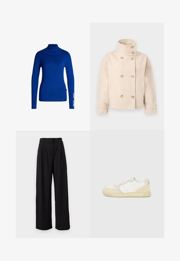 Veste croisée en laine couleur crème avec col montant, six boutons, deux poches latérales et bracelets de manche réglables.; Pull col roulé bleu en tissu doux et extensible. Il a des manches longues et le texte "JOOP! JEANS" imprimé en blanc sur la manche droite.; Pantalon noir taille haute à jambes larges avec passants pour ceinture et fermeture éclair frontale, présenté sur un fond blanc.; Baskets blanches et beiges avec dessus en suède et textile, présentant des coutures contrastées, une semelle en caoutchouc et un accent bleu clair sur le talon.