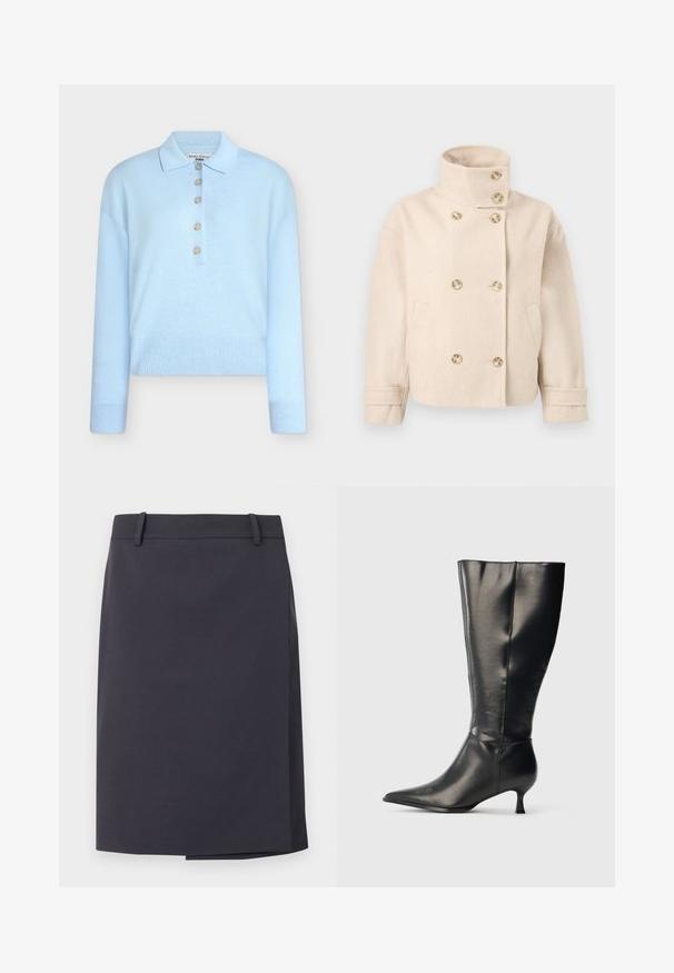 Veste croisée en laine couleur crème avec col montant, six boutons, deux poches latérales et bracelets de manche réglables.; Pull tricoté bleu clair coupé court avec un col plat et une fermeture à cinq boutons. Comprend des manches longues et une texture côtelée à l'ourlet.; Jupe crayon gris foncé arrivant aux genoux, avec passants pour ceinture et un petit détail de chevauchement à l'avant, présentée sur un fond blanc.; Botte en cuir noire montant jusqu'au genou, avec un bout pointu et un petit talon bas, présentée sur un fond clair uni.