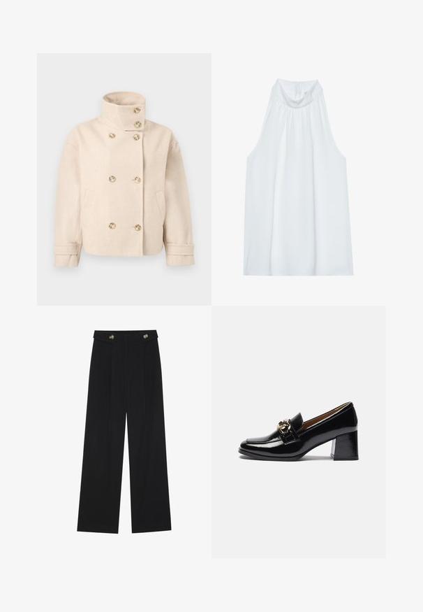 Veste croisée en laine couleur crème avec col montant, six boutons, deux poches latérales et bracelets de manche réglables.; Haut sans manches blanc avec un col montant, en tissu doux, présentant des détails froncés au niveau du col et une fermeture éclair dissimulée à l'arrière.; Pantalons larges noirs à taille haute, avec des détails de boutons à la taille et des plis sur le devant.; Mocassins à talons en cuir verni noir avec un bout arrondi, un talon plus épais et un accent en métal doré sur la sangle avant.