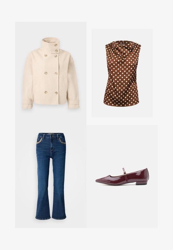 Doppelreihige Jacke aus cremefarbenem Wollstoff mit Stehkragen, sechs Knöpfen, zwei Seitentaschen und verstellbaren Manschettenschlaufen.; Ärmellose braune Bluse mit weißen Polka-Punkten, drapiertem hohem Ausschnitt und dekorativen Knöpfen auf den Schultern.; Dunkelblaue ausgestellte Jeans mit einer glatten Denim-Oberfläche, kontrastierender goldener Naht und Akzenten an den Fronttaschen. Klassisches Fünf-Taschen-Design.; Glänzende burgunderfarbene Lackleder Mary Jane Ballerinas mit spitzem Zehen, flachem Absatz und einem Riemen mit einer kleinen Schnallenverzierung.