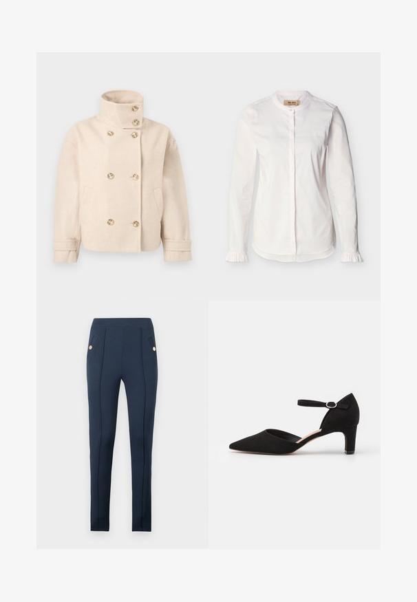 Crèmekleurig wollen dubbelbreasted jasje met opstaande kraag, zes knopen, twee zijzakken en verstelbare manchetbanden.; Witte blouse met lange mouwen, bandkraag, verborgen knopenlijst, subtiele verticale strepen en gerimpelde manchetten, weergegeven op een effen achtergrond.; Donkerblauwe slim-fit broek met gestikte voornaden en schuine zijzakken, elk voorzien van een enkele ronde gouden knoop.; Zwarte suède pump met een spitse neus, enkelbandje met een ronde gesp en een lage blokhak. Glad textuur en minimalistisch ontwerp.