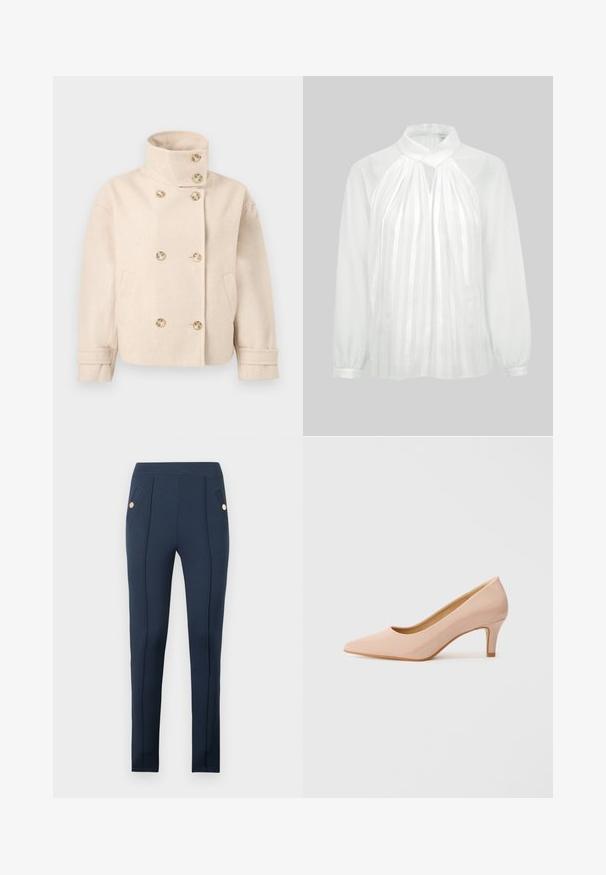 Veste croisée en laine couleur crème avec col montant, six boutons, deux poches latérales et bracelets de manche réglables.; Blouse blanche à manches longues avec col haut, rayures verticales transparentes sur le devant, détail œil-de-bœuf et poignets à boutons sur fond uni.; Pantalon slim bleu marine avec coutures avant surpiquées et poches latérales inclinées, chacune ornée d'un bouton rond en or unique.; Chaussure à talon haut en vernis rose, à bout pointu et talon bas, présentant une finition lisse et brillante, avec une subtile découpe en V à l'avant.