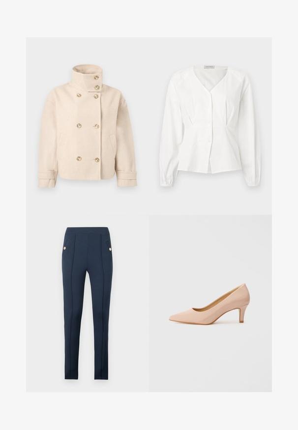 Doppelreihige Jacke aus cremefarbenem Wollstoff mit Stehkragen, sechs Knöpfen, zwei Seitentaschen und verstellbaren Manschettenschlaufen.; Weiße Bluse mit langen Ärmeln, V-Ausschnitt, Knopfleiste, tailliertem Schnitt und elastischen Bündchen, auf einfarbigem Hintergrund dargestellt.; Marineblaue Slim-Fit-Hose mit aufgenähten Vordernähten und schrägen Seitentaschen, jeweils mit einem einzelnen runden goldenen Knopf versehen.; Spitz zulaufender, lackierter rosa High Heel mit niedrigem Absatz, der eine glatte, glänzende Oberfläche und einen subtilen, offenen V-förmigen Schnitt an der Vorderseite aufweist.