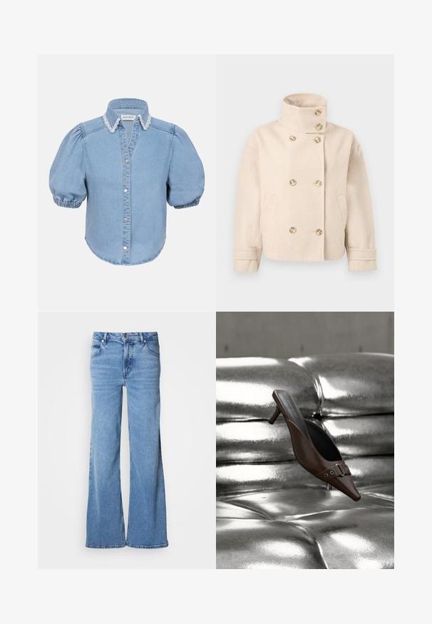 Doppelreihige Jacke aus cremefarbenem Wollstoff mit Stehkragen, sechs Knöpfen, zwei Seitentaschen und verstellbaren Manschettenschlaufen.; Hellblaues Denim-Hemd mit kurzen Ärmeln, puffierten Ärmeln, einem mit Spitze verzierten Kragen und durchgehender Knopfleiste. Weicher Stoff mit abgerundetem Saum.; Hellblaue Jeans mit weitem Bein aus Denim. Mit klassischem Fünf-Taschen-Design und sichtbarem Knopfverschluss. Weiche Textur und schlichter Abschluss.; Brauner spitzer Mule mit Absatz und Schnallendetail, der über einer glänzenden silbernen, gesteppte Lederoberfläche schwebt.