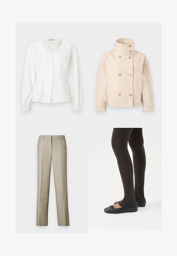 Crèmekleurig wollen dubbelbreasted jasje met opstaande kraag, zes knopen, twee zijzakken en verstelbare manchetbanden.; Witte blouse met lange mouwen en V-hals, knopen aan de voorkant, getailleerde taille en elastische manchetten, getoond op een effen achtergrond.; Beige pantalon met krijtstrepen en een rechte pijp, voorzien van een gestructureerde tailleband en een subtiele textuur in de stof.; Benen met donkere geribbelde leggings gecombineerd met zwarte ballerina's met kleine strikdetails op een witte achtergrond.
