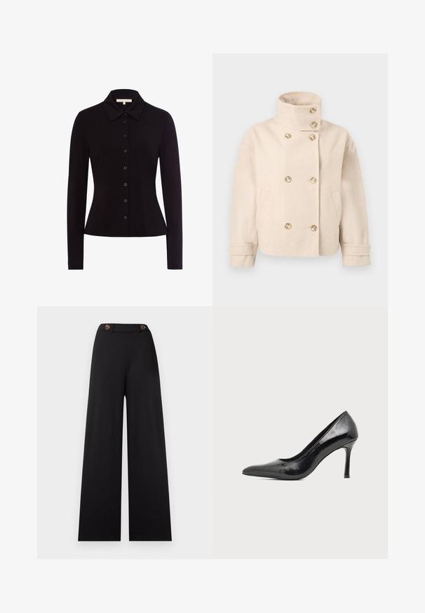 Chaqueta cruzada de lana color crema con cuello de pie, seis botones, dos bolsillos laterales y correas ajustables en los puños.; Camisa negra de manga larga con cuello, presenta un cierre de botones en la parte delantera y una forma ajustada, confeccionada en un tejido suave.; Pantalones negros de pierna ancha con cintura alta, con dos botones marrones y una tela lisa y texturizada. Sin estampados ni detalles adicionales.; Zapato de tacón alto de mujer en piel negra patentada, con punta puntiaguda y tacón delgado, sobre un fondo claro y liso.