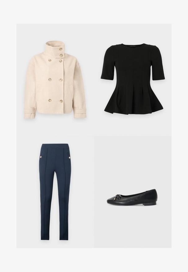 Veste croisée en laine couleur crème avec col montant, six boutons, deux poches latérales et bracelets de manche réglables.; Top en peplum noir à manches courtes avec un col rond et des détails de coutures verticales, présenté sur un fond blanc.; Pantalon slim bleu marine avec coutures avant surpiquées et poches latérales inclinées, chacune ornée d'un bouton rond en or unique.; Ballerines en cuir noir avec un bout pointu, présentant un petit nœud et des accents dorés, ainsi qu'un petit talon arrondi.