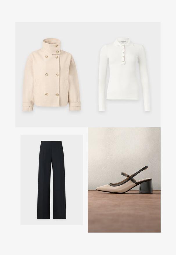 Veste croisée en laine couleur crème avec col montant, six boutons, deux poches latérales et bracelets de manche réglables.; Polo blanc à manches longues côtelé avec cinq boutons et un col rabattu sur un fond uni.; Pantalon noir à jambes larges, taille haute et pli à l'avant, présenté à plat sur un fond blanc uni. Pas de poches ni de fermetures visibles.; Chaussure beige à talons hauts avec bride arrière, bout pointu, bordure noire et détail boucle. Matériau lisse à finition mate, talon moyen épais.