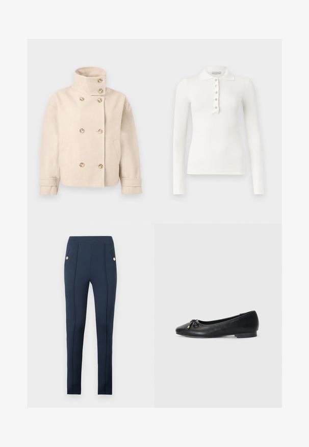 Veste croisée en laine couleur crème avec col montant, six boutons, deux poches latérales et bracelets de manche réglables.; Polo blanc à manches longues côtelé avec cinq boutons et un col rabattu sur un fond uni.; Pantalon slim bleu marine avec coutures avant surpiquées et poches latérales inclinées, chacune ornée d'un bouton rond en or unique.; Ballerines en cuir noir avec un bout pointu, présentant un petit nœud et des accents dorés, ainsi qu'un petit talon arrondi.