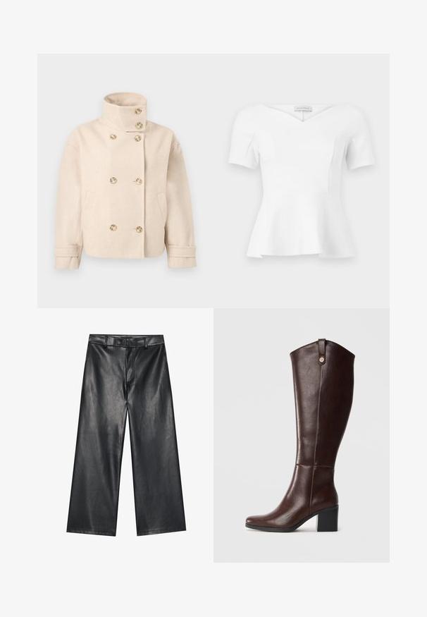 Chaqueta cruzada de lana color crema con cuello de pie, seis botones, dos bolsillos laterales y correas ajustables en los puños.; Top blanco de manga corta con peplum, escote corazón y cintura ajustada, con etiqueta "Anna Field" visible en el interior del cuello.; Pantalones de cuero negro de pernera ancha con una textura suave, lazos para cinturón y cremallera frontal. Presenta un ajuste holgado y detalles de costura limpios.; Bota de cuero marrón hasta la rodilla con tacón cuadrado, textura suave, punta redondeada y herrajes decorativos en tono dorado en la parte superior.