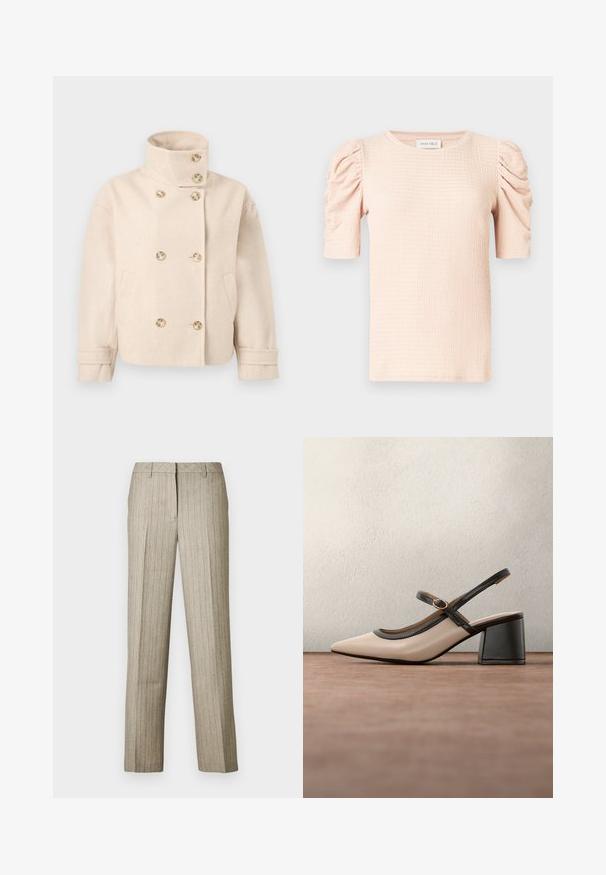 Veste croisée en laine couleur crème avec col montant, six boutons, deux poches latérales et bracelets de manche réglables.; Blouse rose clair à manches courtes avec épaules bouffantes, tissu texturé et encolure ronde. L'étiquette indique "ANNA FIELD".; Pantalon beige à fines rayures avec une coupe droite, doté d'une ceinture structurée et d'une texture subtile sur l'ensemble du tissu.; Chaussure beige à talons hauts avec bride arrière, bout pointu, bordure noire et détail boucle. Matériau lisse à finition mate, talon moyen épais.