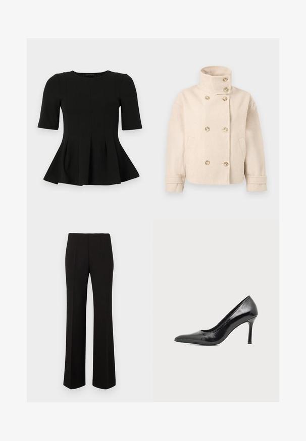 Veste croisée en laine couleur crème avec col montant, six boutons, deux poches latérales et bracelets de manche réglables.; Top en peplum noir à manches courtes avec un col rond et des détails de coutures verticales, présenté sur un fond blanc.; Pantalons droits noirs sur mesure avec taille haute et plis devant, présentés sur un fond uni.; Chaussure à talon haut pour femme en cuir verni noir avec bout pointu et talon fin sur fond clair uni.