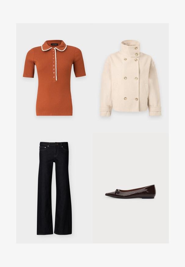 Veste croisée en laine couleur crème avec col montant, six boutons, deux poches latérales et bracelets de manche réglables.; Polo à manches courtes côtelé de couleur rouille avec un col arrondi et sept boutons, orné d'un liseré blanc le long du col et de la patte de boutonnage.; Jean denim noir à jambes larges avec poches avant, fermeture par bouton, et coutures apparentes, présenté sur un fond blanc uni.; Chaussure plate marron brillante à bout pointu avec un petit nœud sur le devant et un petit talon sur un fond uni.