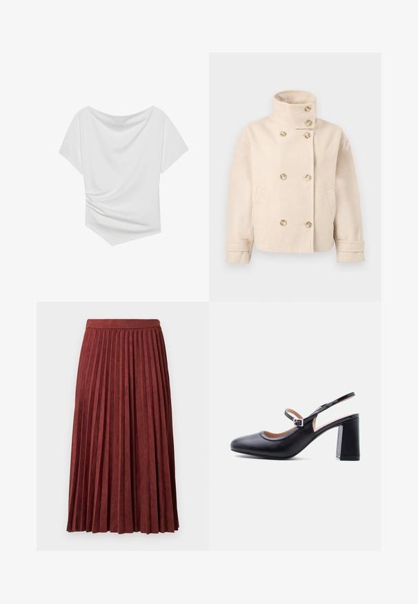Chaqueta cruzada de lana color crema con cuello de pie, seis botones, dos bolsillos laterales y correas ajustables en los puños.; Top blanco de manga corta con diseño de hombros al descubierto, que presenta una textura drapeada y un detalle fruncido en un lado. Tejido suave.; Falda midi plisada color burdeos hecha de tela suave, con pliegues verticales y cintura ajustada. Textura lisa con un color sólido.; Zapato Mary Jane de cuero negro con tacón grueso y correa ajustable, mostrado de lado sobre fondo blanco.