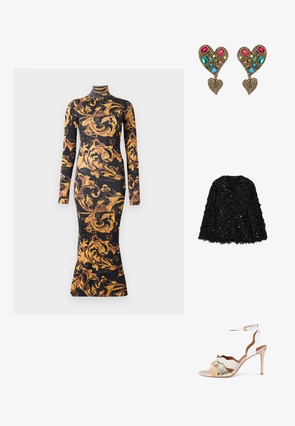 Zwarte cape van imitatiebont met een v-hals, voorzien van glanzende pailletten over het geheel. Open voorkant, kniehoog met een getextureerd uiterlijk.; Zwarte nauwsluitende lange mouwen turtleneck jurk met een gouden en bruine weelderige barokbloemmotief, lengte tot halverwege het onderbeen, en geribbelde stofstructuur.; Sandaal met hoge hak en witte enkelriem, met geschulpte witte zijkanten en voorste banden in beige, wit en metallic goud.; Oorbellen in goudkleurige hartvorm, versierd met veelkleurige, facetgeslepen edelstenen, met een textuurbasis die glinstert en een hanger in de vorm van een hart.