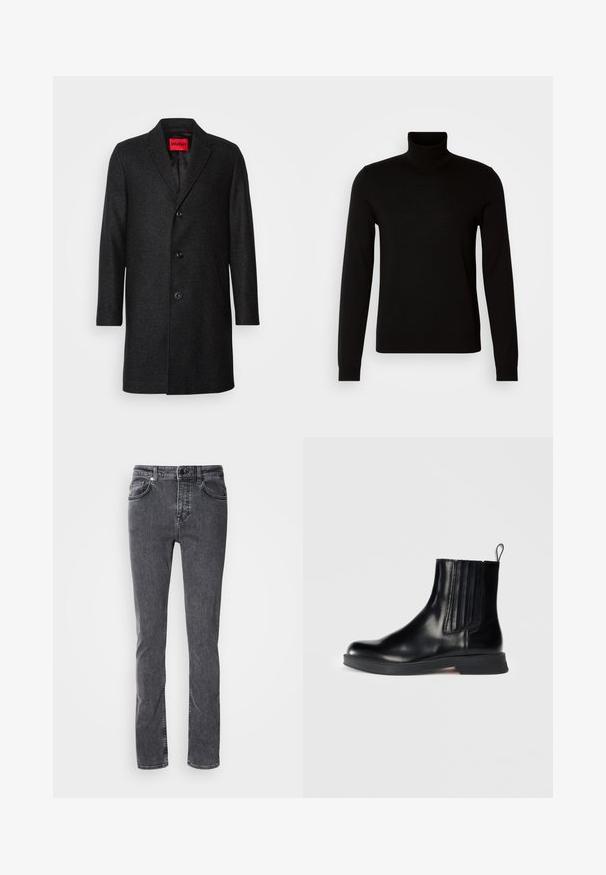 Sort uldfrakke med skræddersyet pasform, klippet revers, treknaps lukning og sidelommer. Fodret indre med mærketag.; Sort turtleneck sweater lavet af et fint strikket stof, der har lange ærmer og en tætsiddende silhuet. Glat tekstur med ribbede manchetter.; Mørkegrå denimjeans, lige snit, fem lommer, kontrastsyning, lynlås og knaplukning. Ingen synlige mønstre eller pynt.; Sorte læder ankelstøvler med elastiske sidepaneler, rund tå, lav blokhæl og pull-tab. Har en glat overflade og et elegant design.