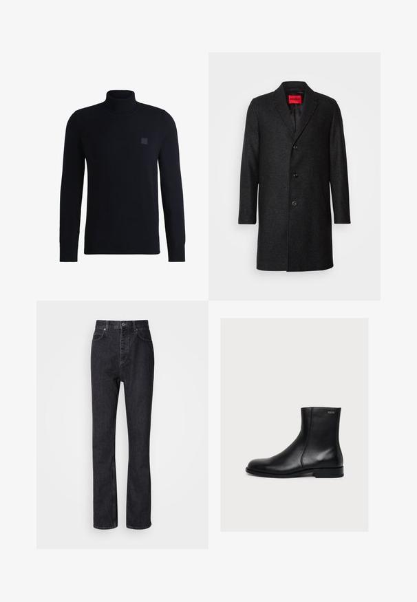 Sort uldfrakke med skræddersyet pasform, klippet revers, treknaps lukning og sidelommer. Fodret indre med mærketag.; Marineblå højhalset sweater lavet af blødt strikmateriale, med lange ærmer og ribbestrikket krave. Inkluderer et firkantet logo-patch på brystet.; Høj talje sorte denim jeans med knap- og lynlåsåbning, for- og baglommer samt lige ben.; Sort glat læderankelstøvle med lav hæl og sidelukning med lynlås, mærket Hugo nær den øverste kant.