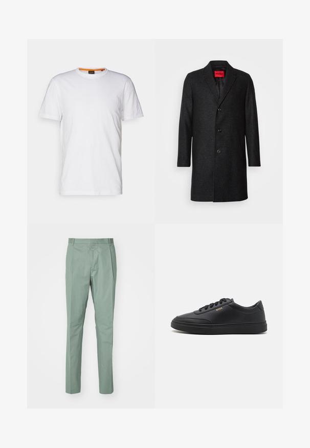 Zwarte wollen jas met een getailleerde pasvorm, notched lapel, drieknops sluiting en zijzakken. Gevoerd interieur met een merklabel.; Witte katoenen T-shirt met ronde hals, korte mouwen en een subtiel reliëflogo op de borst. Het binnenlabel heeft een oranje accent.; Lichtgroene broek met een rechte pasvorm, met een vlakke tailleband, twee zijzakken en een gladde stoftextuur. Geen zichtbare patronen of metalen onderdelen.; Zwarte leren sneakers met een gladde textuur, ronde neus, platte rubberen zool en tonale veters. Kenmerkt zich door de gouden "BOSS" branding aan de zijkant.