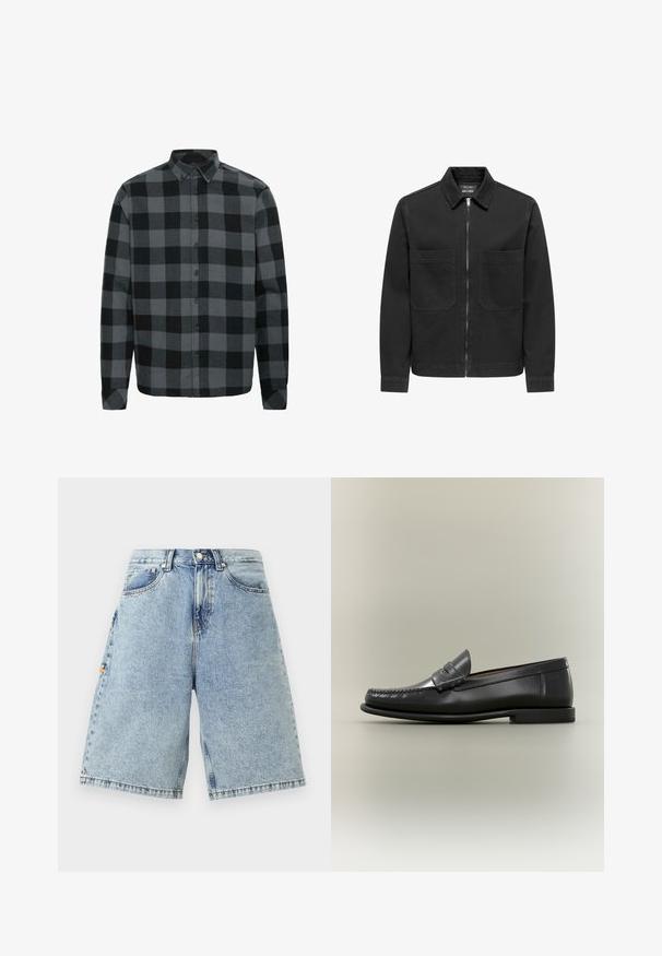 Veste en denim noir avec fermeture éclair à l'avant, col et deux poches poitrine. Manches longues et coupe droite. Texture douce.; Chemise en flanelle à carreaux gris et noirs avec des manches longues, un col boutonné et des boutons sur le devant. Texture douce avec une coupe décontractée.; Shorts en denim bleu avec taille haute, coupe ample, cinq poches et détails de couture visibles. Texture lisse avec une finition délavée.; Mocassin pour homme en cuir noir avec un design moc-toe, une lanière à monnaie et un talon bas sur un fond neutre.