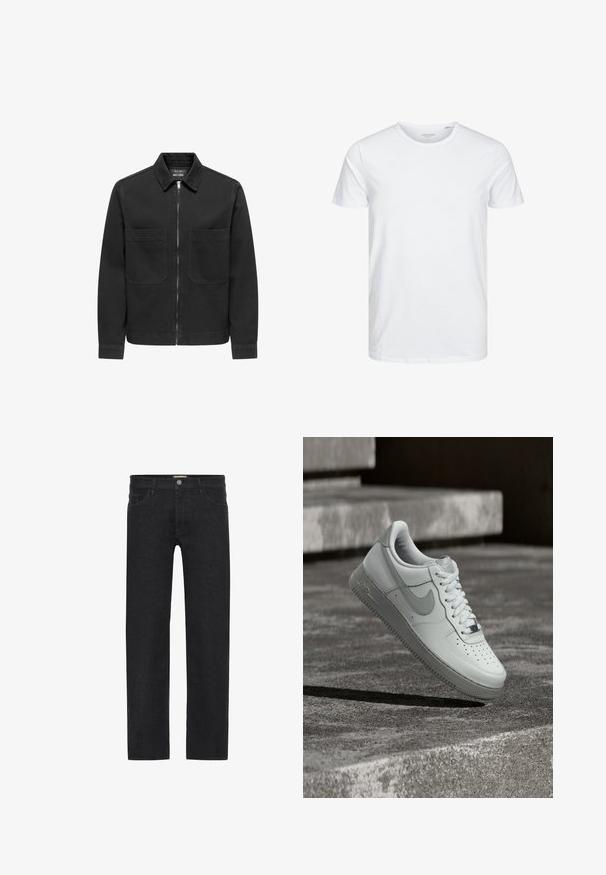 Schwarze Jeansjacke mit Reißverschluss vorne, Kragen und zwei Brusttaschen. Verfügt über lange Ärmel und ein gerades Schnittdesign. Weiche Textur.; Rundhals-T-Shirt mit kurzen Ärmeln in reinem Weiß, aus weicher Baumwolle, mit einem schlichten Design ohne sichtbare Muster oder Akzente.; Schwarze gerade Jeans aus Denim mit einem Knopfverschluss am Bund, fünf Taschen und einem minimalistischen Design ohne sichtbare Muster.; Weißer Nike Air Force 1 Sneaker, der über einer strukturierten Betonoberfläche schwebt, mit Steinstufen im Hintergrund.