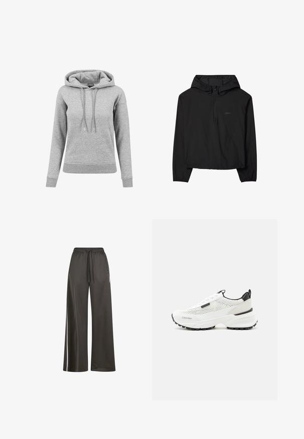 Sort letvægts hættetrøje med halv lynlås foran samt elastiske manchetter og kant.; Grå hoodie lavet af bomuld, med snoretræk i hætten, lange ærmer, ribbede manchetter og en kant. Enkel design uden mønstre.; Mørkegrå vide bukser med elastisk talje og snøre. Har hvide sidestriber og en glat, let tekstur.; Hvid Calvin Klein sneaker med mesh-overdel, chunky sål, sort hælfane og sort branding på siden og fronten.