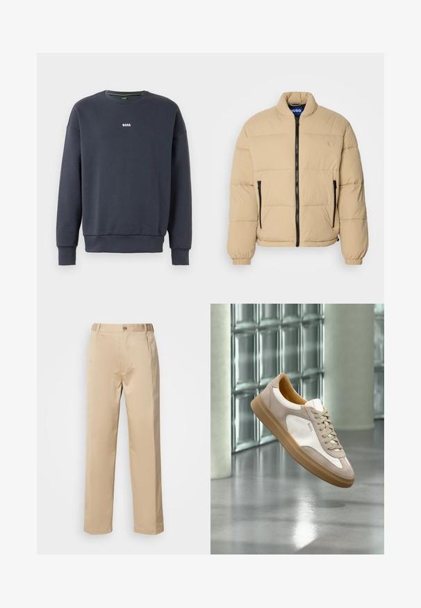 Beige puffjakiga, millel on kõrge krae, lukuga esitasku ja kaks lukuga küljetaskut. Omab tikandiga mustrit ja elastseid mansette. Rinnas logo.; Tumedat sinine sweatshirt pehmest kangast, ümmarguse kaelusega, pikkade varrukatega ja väikese valge "BOSS" logoga rinnal.; Beige püksid, mis on valmistatud kerge materjali, sirge jala disaini, vöökoha, kus on vööaasad, ning ühe esise nupu kinnitusega.; Beež ja valge sneaker beežika tallaga ja "BOSS" logoga, riputatud peegeldava sileda põranda kohale, mille taga on klaasplokkidest sein.