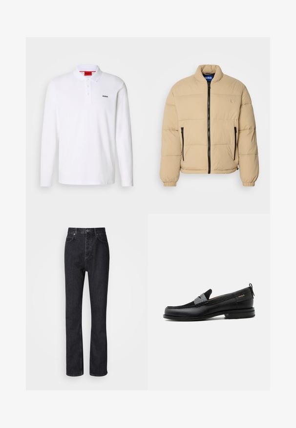 Doudoune beige avec col montant, fermeture éclair à l'avant et deux poches zippées. Présente un motif matelassé et des poignets élastiques. Logo sur la poitrine.; Polo-shirt blanc à manches longues en coton avec un col, une patte de boutonnage à trois boutons et un logo noir "HUGO" sur la poitrine gauche.; Jean en denim noir taille haute avec fermeture à bouton et à glissière, poches avant et arrière, et coupe droite.; Mocassin en cuir noir avec détail de bride grise, talon bas et semelle texturée, marqué "HUGO" en or sur le côté.