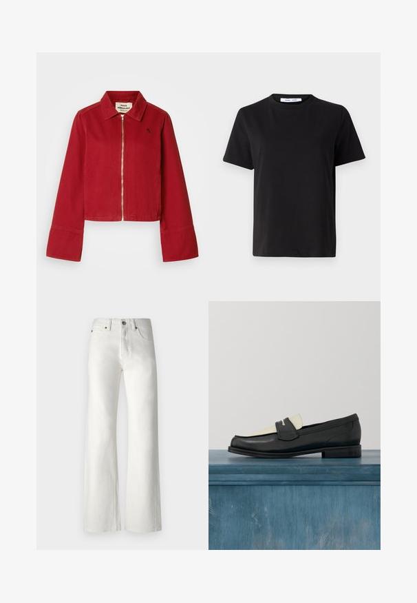 Veste croppée rouge avec un col et une fermeture éclair sur le devant. Présente des manches évasées et un petit logo brodé sur la poitrine gauche. Matière en coton.; T-shirt noir à manches courtes en coton doux, avec un col rond, une coupe décontractée et une texture lisse. Pas de motifs ni de graphiques visibles.; Jean blanc à jambes larges en denim. Comprend une taille haute, un design à cinq poches et des coutures discrètes le long des seams.; Mocassin en cuir noir et blanc avec des coutures décoratives, flottant au-dessus d'un sol en béton avec des plantes floues en arrière-plan.