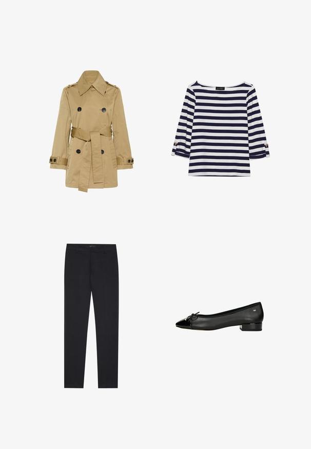 Trench-coat beige à double boutonnage avec col large, boutons noirs, taille ceinturée et brides réglables aux poignets.; Haut rayé bleu marine et blanc à manches longues avec un col bateau et des accents de boutons dorés sur les manches retroussées. Tissu doux, coupe décontractée.; Pantalons formels noirs slim fit avec passants de ceinture et poches avant, conçus pour un look professionnel et ajusté.; Ballerines noires avec un bout pointu, en cuir, accent en cuir verni au niveau du bout, et un petit talon carré. Présente un détail en forme de nœud.