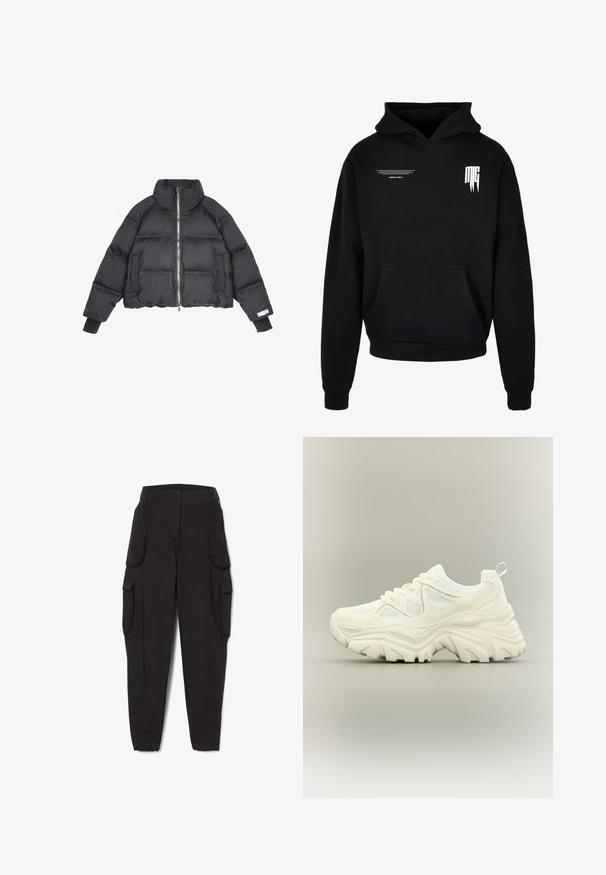 Sort pufferjakke med et cropped design, højt krave, lynlås foran og elastiske manchetter. Har quiltede sektioner og sidelommer.; Sort hættetrøje med forlomme, lille hvid tekst på øverste venstre bryst og stiliseret "MG" logo på øverste højre bryst.; Sorte cargobukser med elastiske manchetter og flere klaplommer på siderne, designet til afslappet eller praktisk brug.; Hvid chunky sneaker med tyk tekstureret sål, mesh paneler, snørelukning foran og trækstrop ved hælen på en neutral baggrund.