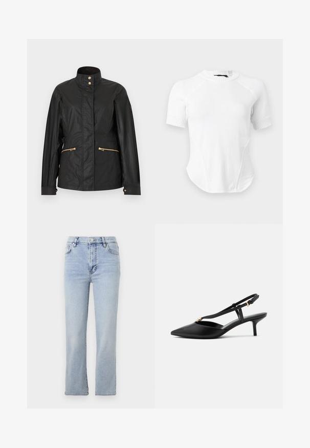 Veste légère noire avec col montant, boutons pression dorés et poches zippées dorées, présentée sur un fond uni.; Haut en maille blanc à manches courtes avec encolure et manches côtelées, avec un corps en tissu lisse et un ourlet légèrement arrondi.; Jean en denim bleu clair avec une coupe droite, cinq poches, une fermeture à bouton et zip, et des détails de couture visibles.; Escarpin slingback en cuir noir à petit talon kitten, bout pointu, fine bride en T, boucle réglable et petite décoration dorée sur la bride.