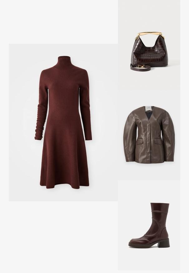 Blazer en cuir marron avec un col cranté, un décolleté en V et des épaules structurées. Il présente deux poches avant et une texture lisse et brillante.; Robe en maille bordeaux à manches longues et col montant avec une jupe évasée, présentée sur un fond blanc.; MIISTA MALENE - Bottines - brown; Sac à main marron foncé à texture crocodile avec une poignée dorée courbée et une bandoulière assortie amovible avec une boucle dorée, présenté sur fond blanc.