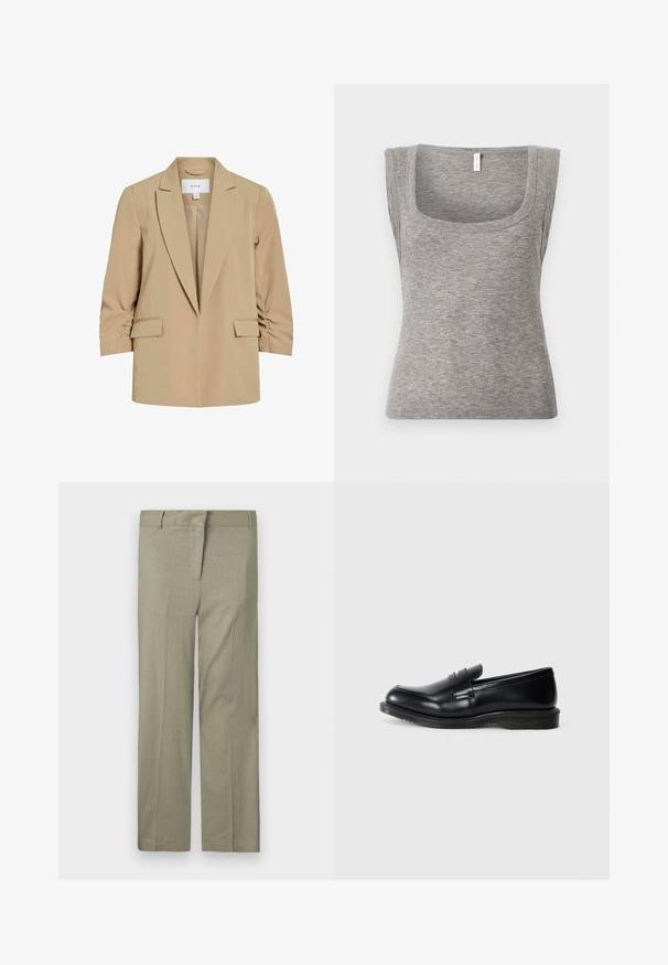 Beige damesblazer met notched revers, gerimpelde driekwartmouwen, klepzakken en een open voorpand.; Grijs mouwloos geribd tanktop met een vierkante halslijn en een aansluitend silhouet, met een gladde textuur en lichte rekbaarheid.; Licht olijfgroene broek, getailleerde pasvorm, met een vlakke voorkant, twee zijzakken en een gladde, gestructureerde stof. Geen zichtbare patronen of accenten.; Zwarte leren instapper met een gladde afwerking, ronde neus en gestikte details op de voorkant, met een gestructureerde rubberen zool voor grip.