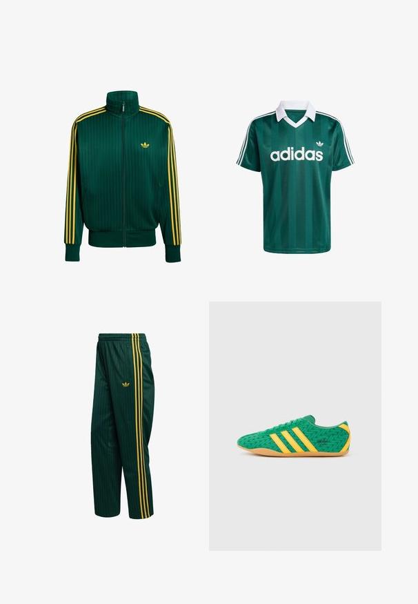 Chaqueta con cremallera y rayas verdes, cuello alto, acentos amarillos a lo largo de las mangas y pequeño logo en el pecho; hecha de material suave y ligero.; Jersey Adidas a rayas verdes con cuello blanco y tres rayas blancas en el hombro. Presenta un logo blanco destacado en la parte frontal.; Pantalones de chándal verdes con rayas, hechos de un material suave, con franjas laterales amarillas y un pequeño logo en la parte delantera. Incluye bolsillo con cremallera.; Zapatillas deportivas de tela verde con detalles amarillos y tres franjas, con un patrón en zigzag y suela de goma color caramelo.