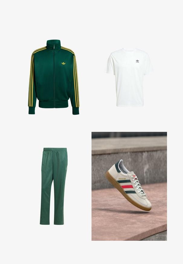 Zelená pruhovaná bunda na zips s vysokým golierom, žlté detaily pozdĺž rukávov a malým logom na hrudi; vyrobená z hladkého, ľahkého materiálu.; Biela bavlnená tričko s krátkym rukávom a okrúhlym výstrihom. Obsahuje malé čierne logo Adidas na ľavej strane hrude.; Zelené športové nohavice vyrobené z hladkej tkaniny, s elastickým pásom, bočnými švami a malým logom na ľavom stehne.; Biely Adidas teniska so zelenými a červenými pruhmi, gumovou podrážkou a označením "SPEZIAL", vznášajúci sa nad kamennou dlažbou.