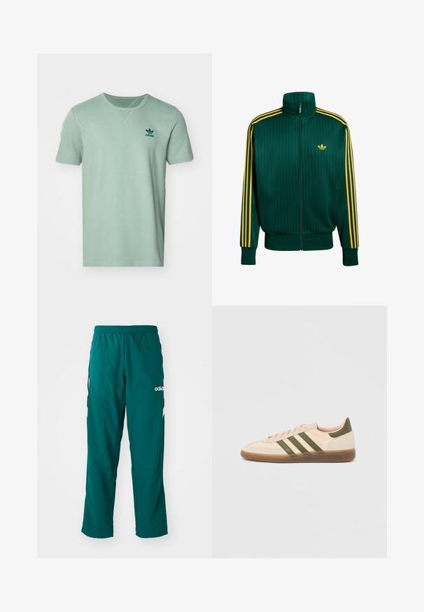 Zelená pruhovaná bunda na zips s vysokým golierom, žlté detaily pozdĺž rukávov a malým logom na hrudi; vyrobená z hladkého, ľahkého materiálu.; Krátky rukáv, mätovo zelené tričko s textúrovaným vzorom, okrúhly výstrih a tmavozelené logo adidas na ľavej hrudi.; Zelené športové nohavice vyrobené z ľahkej tkaniny, s elastickým pásom, bočnými vreckami a bielym logom Adidas na ľavej strane.; Nízky béžový tenisky Adidas Spezial so zelenými pruhmi, gumovou podrážkou a nápisom „SPEZIAL“ na boku, zobrazené z vonkajšej strany.