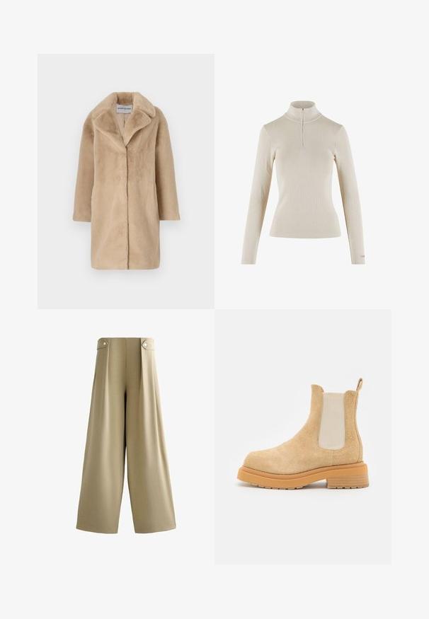 STAND STUDIO CAMILLE COCOON - Manteau d'hiver - powder beige; Un haut à manches longues couleur beige clair en tissu côtelé, doté d'une fermeture éclair quart de zip au cou et d'une coupe ajustée.; Pantalon beige à jambes larges avec taille haute et pattes boutonnées de chaque côté de la ceinture, devant lisse et ourlet longueur complète.; ECKHAUS LATTA MIKE BOOT - Bottines - beige