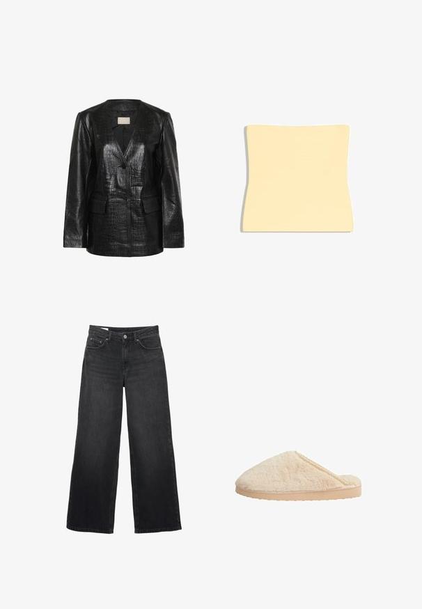 Schwarzer Blazer aus Kunstleder mit Krokodilprägung, V-Ausschnitt, langen Ärmeln, zwei Fronttaschen und Knopfverschluss vorne.; Hellbeige Lendenstützkissen mit einer konturierten Form, die so gestaltet ist, dass sie sich dem unteren Rücken anpasst, dargestellt vor einem weißen Hintergrund.; Schwarze Jeans mit weitem Bein und hoher Taille, vorne mit Knopf- und Reißverschluss, Gürtelschlaufen und Fünf-Taschen-Design.; Beige-Flauschpantoffeln mit runder Form, strukturiertem Obermaterial und einer flachen, hellen Gummisohle. Verfügbar mit einem zarten Spitzenakzent entlang des Randes.