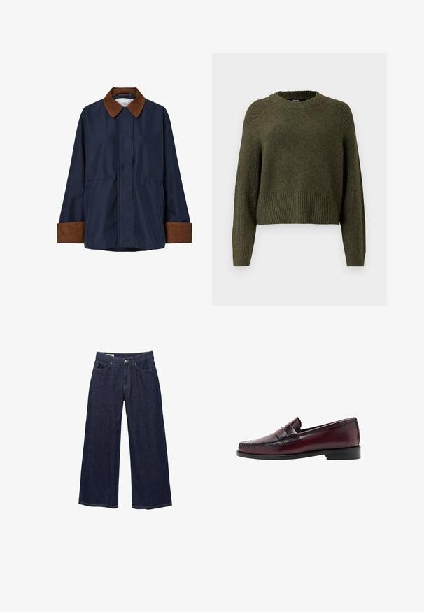 Veste bleu marine avec col et poignets en velours côtelé marron, manches longues, poches frontales et fermeture par boutons cachés.; Pull en tricot vert olive avec un col rond, un ourlet côtelé et des manches longues au fit décontracté. Fabriqué en tissu texturé et doux.; Jean en denim bleu foncé à jambes larges avec poches avant, passants pour ceinture et fermeture à bouton.; Mocassin en cuir bordeaux foncé avec un bout mocassin cousu et une bride décorative. Design minimaliste avec une semelle plate en caoutchouc noir.