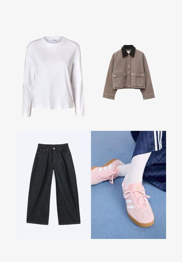 Chaqueta marrón recortada con cuello negro, cierre de botones, mangas largas y dos grandes bolsillos delanteros con solapa y botones.; Camisa blanca lisa de mujer con mangas largas, cuello redondo, bajo recto y sin patrones ni logos visibles.; Vaqueros vaqueros de pierna ancha de color azul oscuro con bolsillos delanteros y trabillas para cinturón, extendidos sobre un fondo claro.; Zapatillas de suéd de color rosa claro con rayas y cordones blancos, que presentan una lengüeta texturada y una suela de goma, colocadas sobre una alfombra azul.