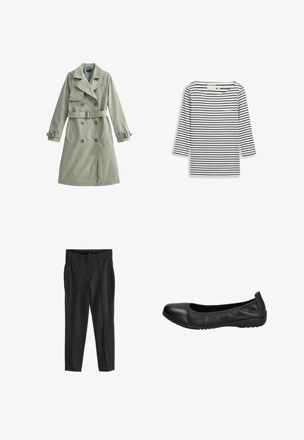 Hellgrauer, zweireihiger Trenchcoat mit Gürtel, geknöpften Manschetten, Stehkragen und kariertem Innenfutter, flach auf weißem Hintergrund präsentiert.; Baumwoll-Langarmshirt mit navyblauen und weißen horizontalen Streifen, mit einem kleinen gestickten Logo auf der Brust, Rundhalsausschnitt, legerer Schnitt.; Schwarze Hose mit glatter Textur, ausgestattet mit vorderen Reißverschlusstaschen und ausgeprägten Falten. Minimalistisches Design mit taillierter Passform.; Schwarze Leder-Ballettschuhe mit einer runden Spitze, glatter Textur und einem leicht elastischen Rand für zusätzlichen Komfort. Gummisohle für besseren Halt.