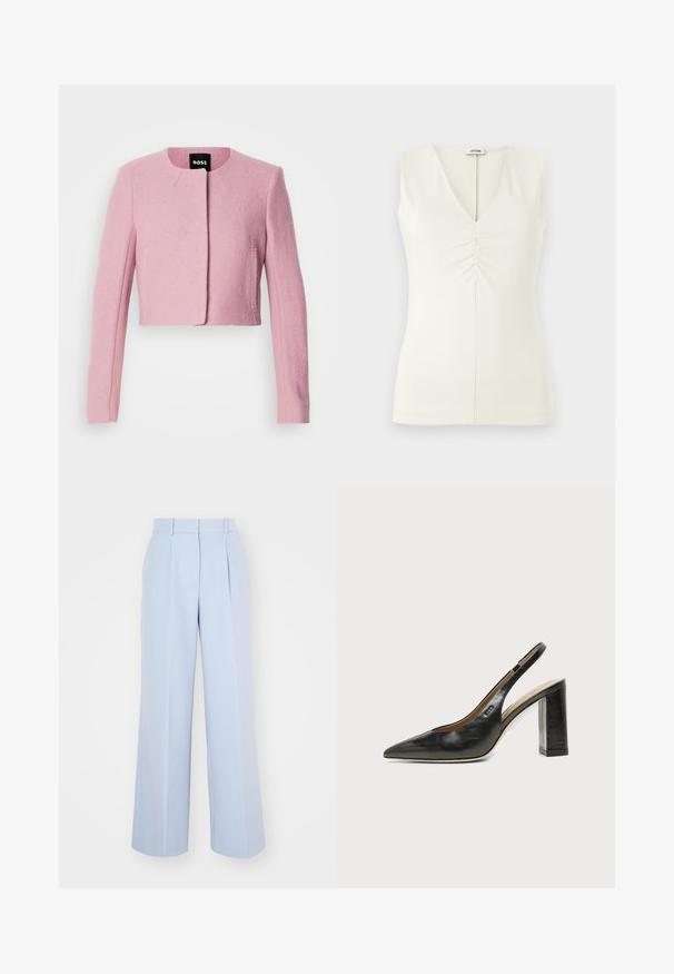 Veste rose courte en tissu texturé avec des manches longues, un col rond et une fermeture frontale minimaliste. Deux poches latérales sont visibles.; Top sans manches avec un décolleté en V, fabriqué en tissu crème léger. Présente des détails froncés au centre et une silhouette ajustée.; Pantalons larges bleu clair avec une taille haute, dotés de plis à l'avant, fabriqués dans un tissu tissé lisse. Pas de matériel visible.; Chaussure slingback en cuir noir à bout pointu avec un talon bloc haut et une doublure intérieure beige sur un fond clair uni.