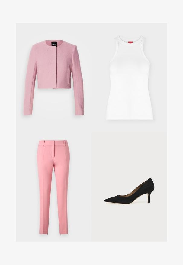 Rosa cropped Jacke aus strukturiertem Stoff mit langen Ärmeln, rundem Halsausschnitt und minimalem Verschluss vorne. Zwei seitliche Taschen sind sichtbar.; Weißes ärmelloses, geripptes Tanktop mit hohem Rundhalsausschnitt und figurbetonter Form, abgebildet auf einfachem hellem Hintergrund.; Rosa maßgeschneiderte Hose mit glatter Textur, geraden Beinen und einem Reißverschlussdetail am Saum. Verfügt über Gürtelschlaufen und ein flaches Frontdesign.; Schwarzer Wildleder-Pumps mit spitzer Schuhspitze, schlankem mittelhohem Stiletto-Absatz und tiefem Ausschnitt auf einfachem Hintergrund.