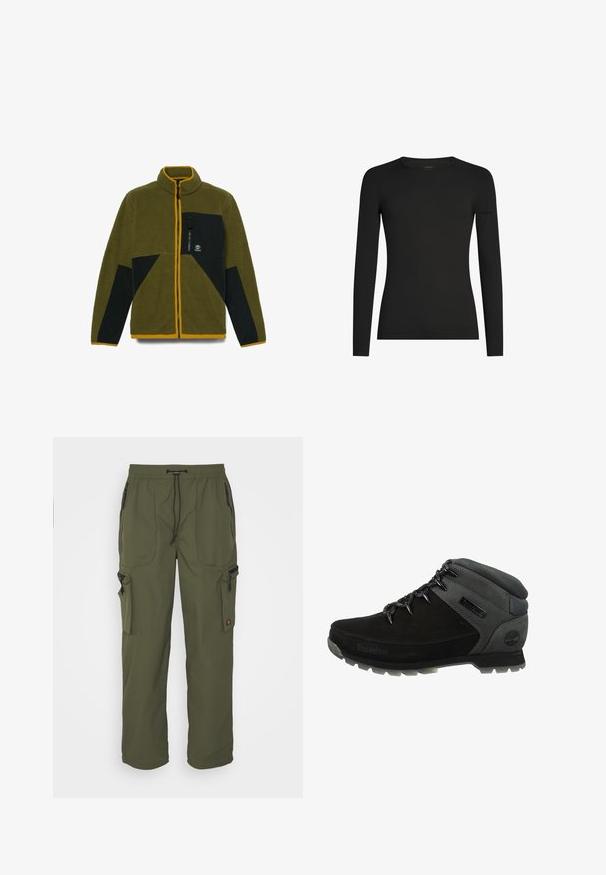 Olijfgroene fleecejack met zwarte stofpanelen op de borst en mouwen, volledige voorkant rits en borst ritszak met Timberland-logo.; Zwart, aansluitend shirt met lange mouwen en ronde hals, met subtiel Icebreaker-logo op de linker mouw, weergegeven op een witte achtergrond.; Olijfgroene cargobroek van lichtgewicht stof, met een elastische tailleband, striksluiting en meerdere met rits gesloten zakken.; Zwarte wandelschoenen met grijze synthetische accenten, een gevoerde kraag en vetersluiting. Geverfde bovenkant met logo-detail aan de zijkant.